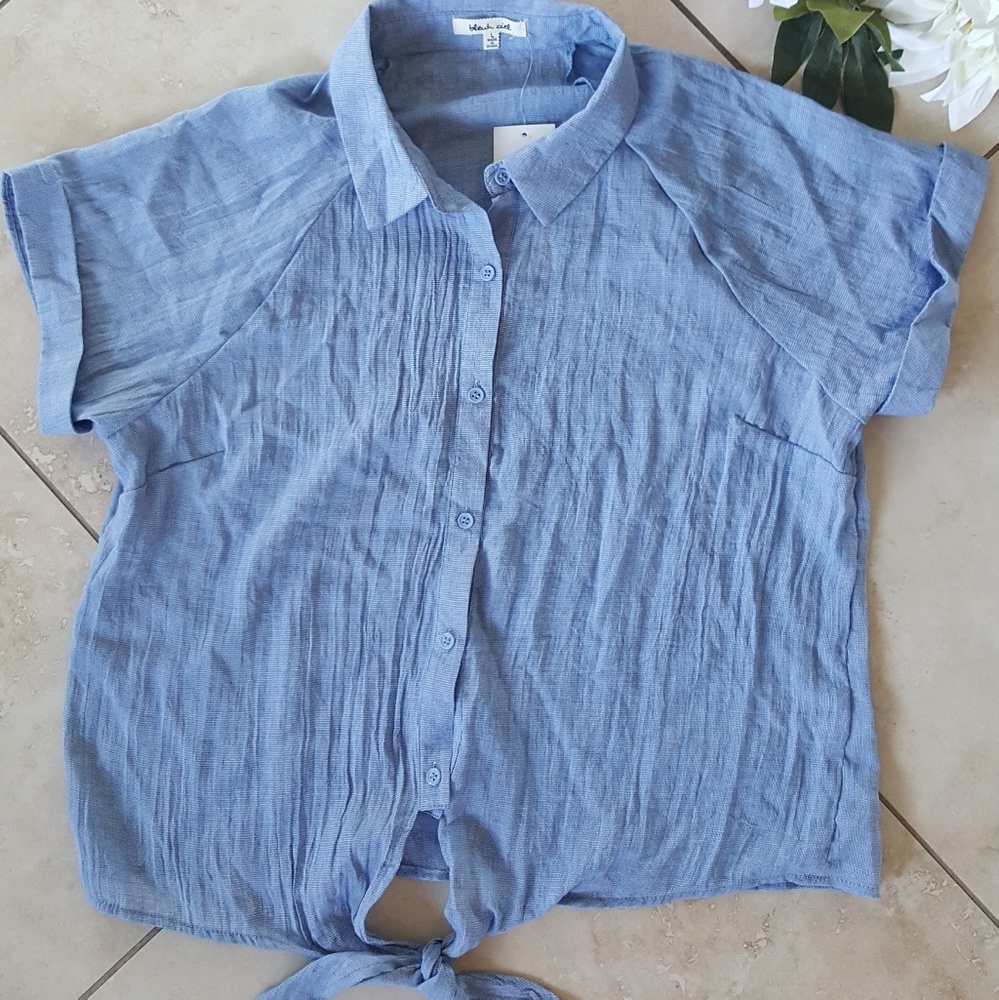 Blue Button Up Top with Front Tie